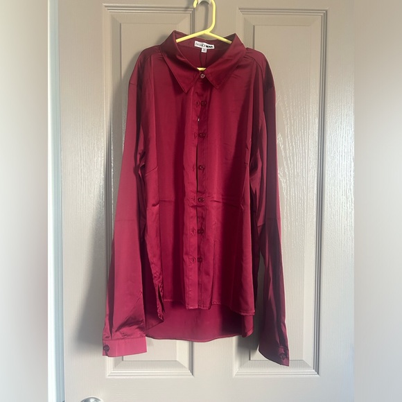 Deep Red Satin Button Up Shirt - Picture 1 of 3